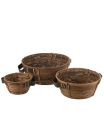 Set Of 3 Dishes + Handle Rattan Brown