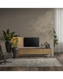 Stylish Tv Cabinet Made Of Oak With Lines And Metal Finish. 4 Doors, 221cm