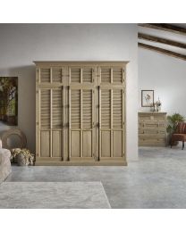 Country Closet In Oak, Weathered Finish. 3 Door Louvre Wardrobe With Top Space