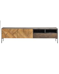 Tv Furniture Cabinet With 2 Doors And 1 Drawer In Recycled Teak, Zig Zag Motif