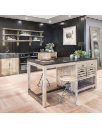 Modular Country Pool House Kitchen, Kitchen Island In Pine With Blue Stone