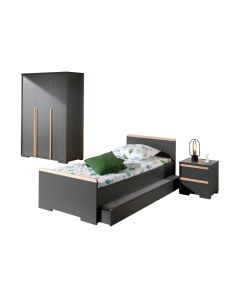 London Jugendzimmer Set 4-tlg. Best. Aus: Einzelbett Lf 90 X 200 Cm, Nachtkonsole Mit 2 Schubladen, Kleiderschrank 3-trg. Und Bettschublade, Ausf. Dekor Anthrazit, Absatz Buche Natur Massiv