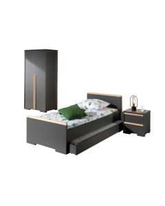 London Jugendzimmer Set 4-tlg. Best. Aus: Einzelbett Lf 90 X 200 Cm, Nachtkonsole Mit 2 Schubladen, Kleiderschrank 2-trg. Und Bettschublade, Ausf. Dekor Anthrazit, Absatz Buche Natur Massiv