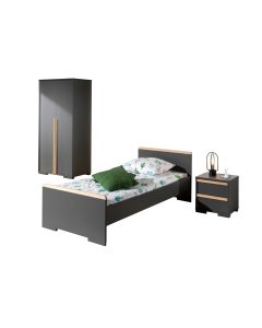 London Jugendzimmer Set 3-tlg. Best. Aus: Einzelbett Lf 90 X 200 Cm, Nachtkonsole Mit 2 Schubladen, Kleiderschrank 2-trg., Ausf. Dekor Anthrazit, Absatz Buche Natur Massiv