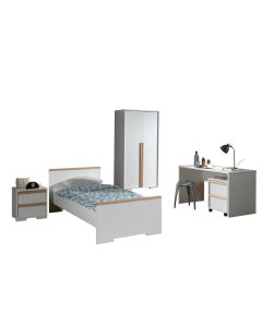 London Jugendzimmer Set 5-tlg. Best. Aus: Einzelbett Lf 90 X 200 Cm, Nachtkonsole Mit 2 Schubladen, Kleiderschrank 2-trg., Schreibtisch, Rollcontainer, Ausf. Dekor Weiß, Absatz Buche Natur Massiv